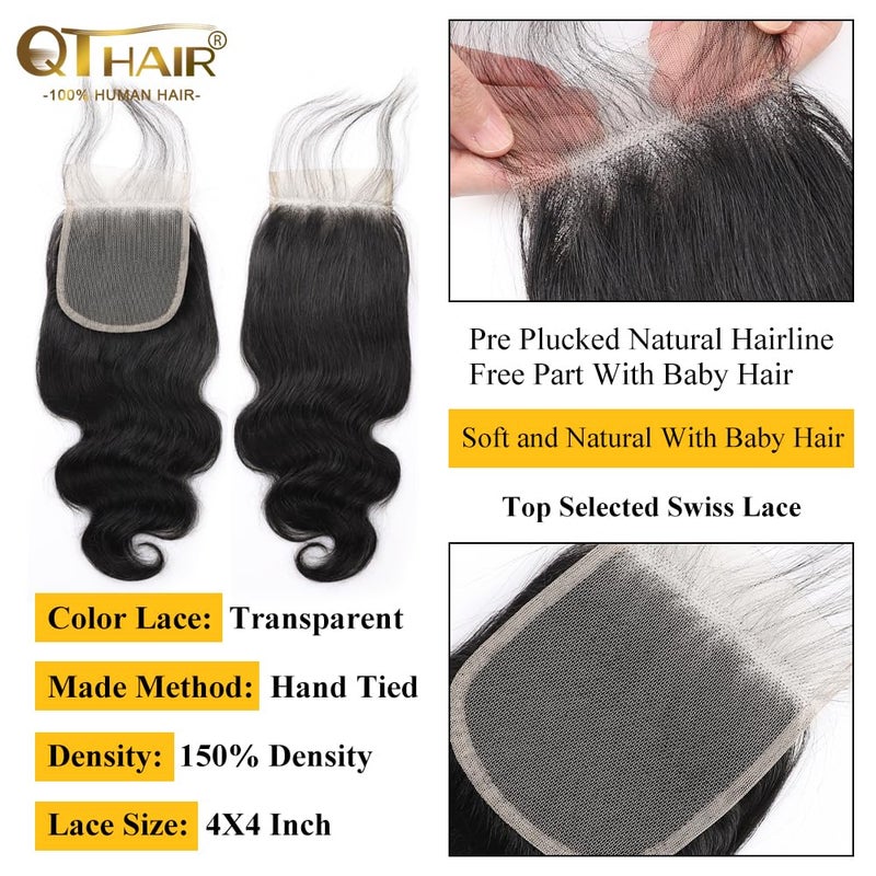 QTHAIR 18A Brazilian Body Wave Human Hair Lace Closure(20" Free Part Natural Black) 100% Unprocessed Brazilian Body Wave Virgin Hair Swiss Lace Closure 150% Density 4x4 Closure - Image 2